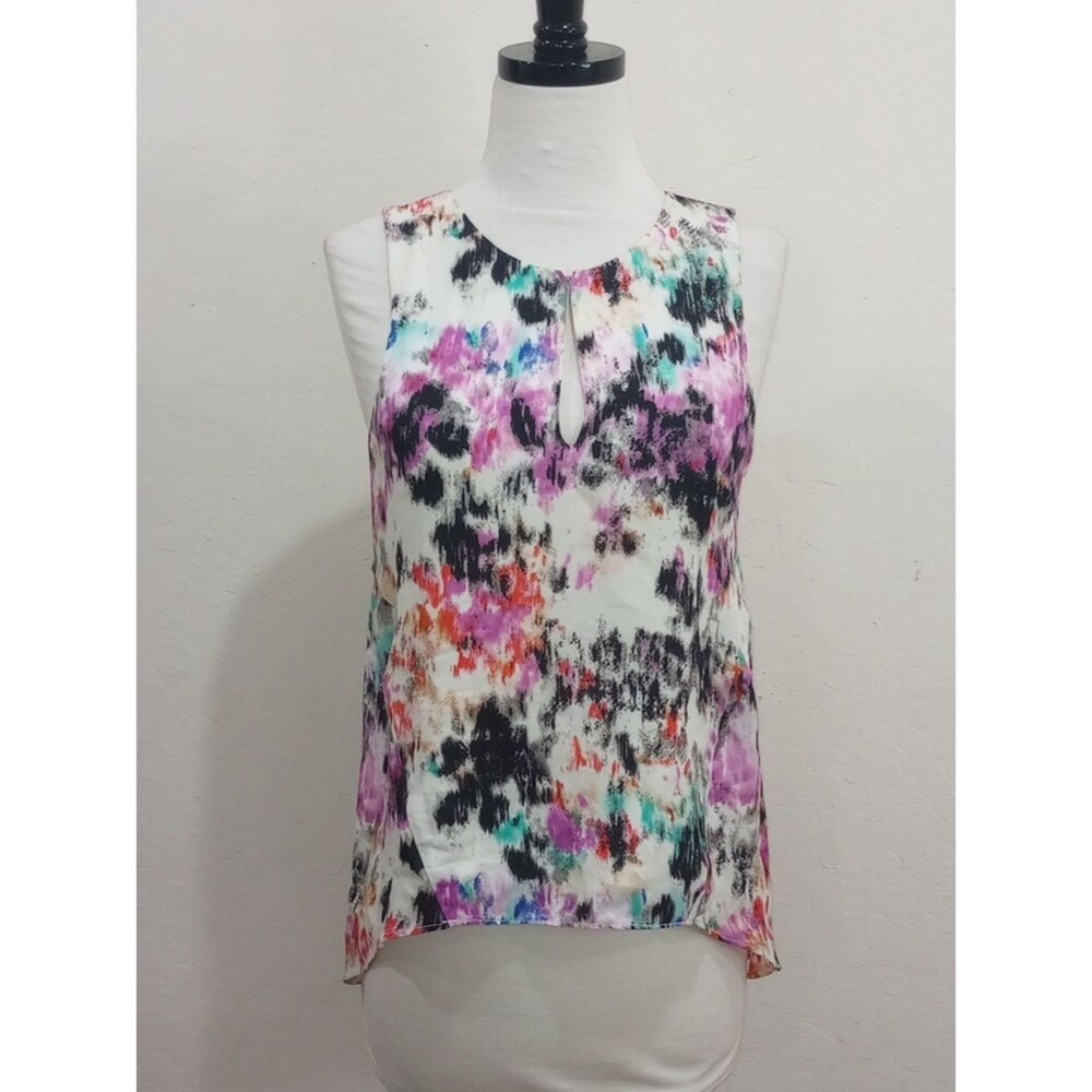 Parker Silk Watercolor Ikat Oasis Print Sleeveless Blouse, Size S